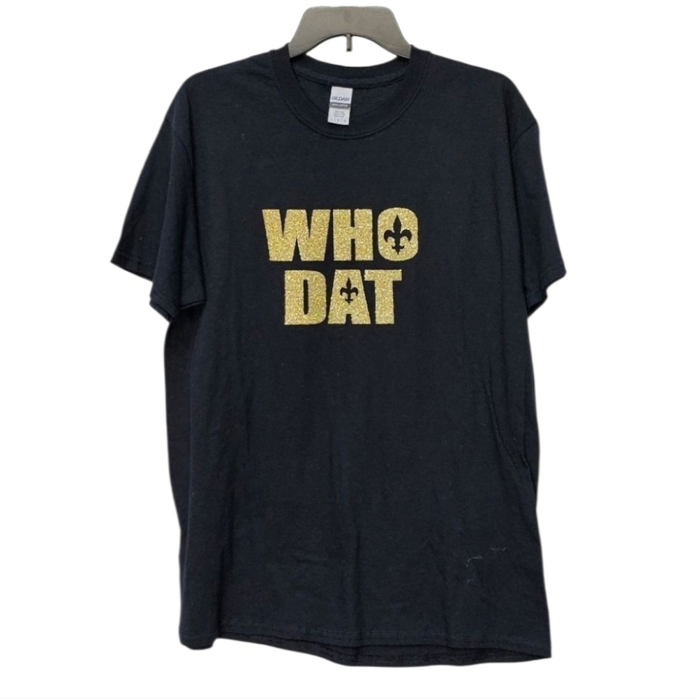 Gildan "Who Dat" Saints Gold Glitter HTV Black T-Shirt 100% Cotton Size L